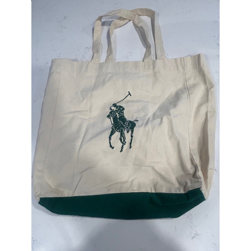 Polo Ralph Lauren Tote‎ Bag Cream Green Big Pony Logo Cotton Shopper